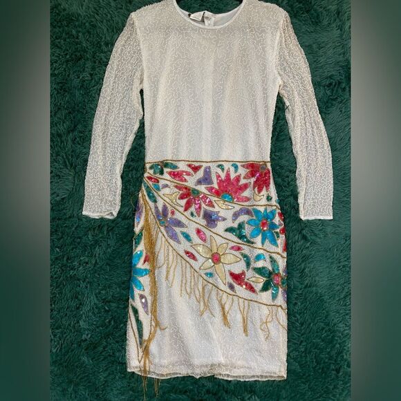Vintage Eve’s Allure Small Cream Sequined Beaded Formal Dress - Picture 1 of 11